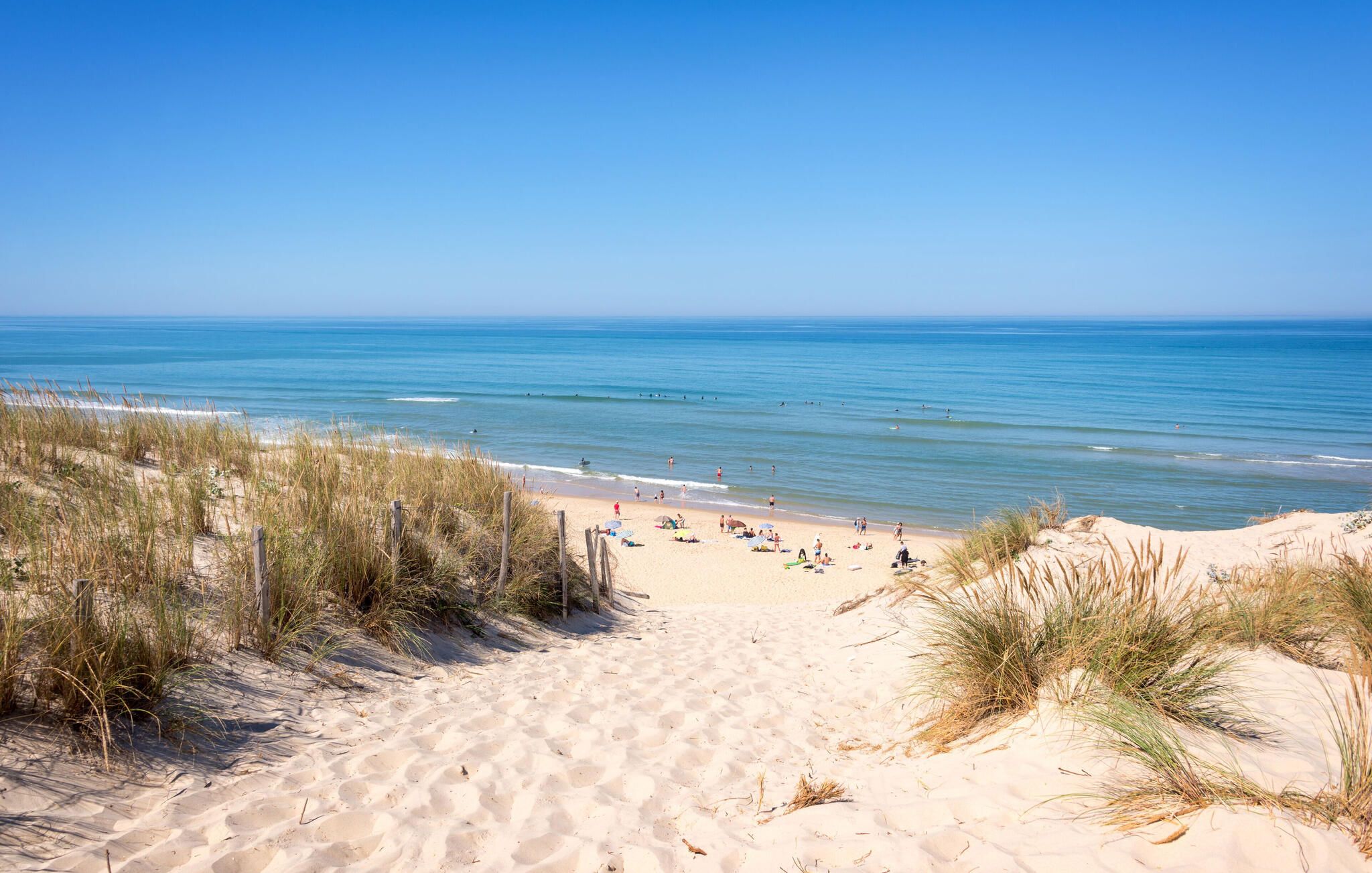 Une plage de sable avec des dunes et un ciel bleu azur.