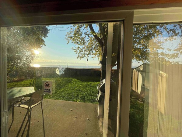 A view through a glass door to a grassy area with a 'No Pets Allowed' sign, a barbecue grill, and a table with chairs.
