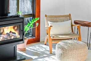 A cozy room with a wood-burning stove, a woven chair, and a potted plant.