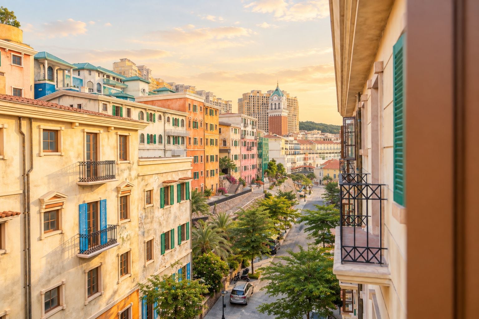 A street view with colorful buildings, a clear sky, and a pedestrian walkway.