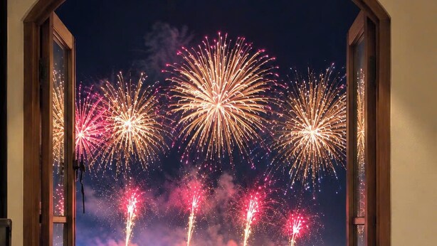 Quarto com uma grande janela arqueada com vista para um corpo de água, com reflexos de fogos de artifício.