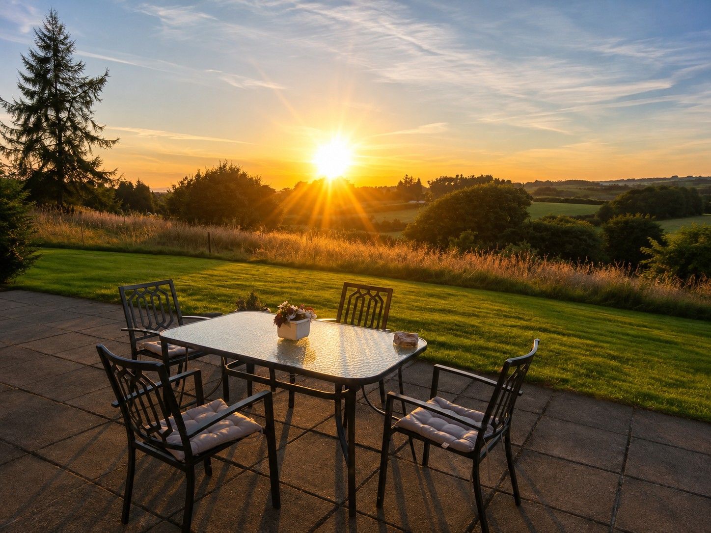 Een terras in de open lucht met een tafel en stoelen, omringd door een gazon en bomen, met de ondergaande zon op de achtergrond.