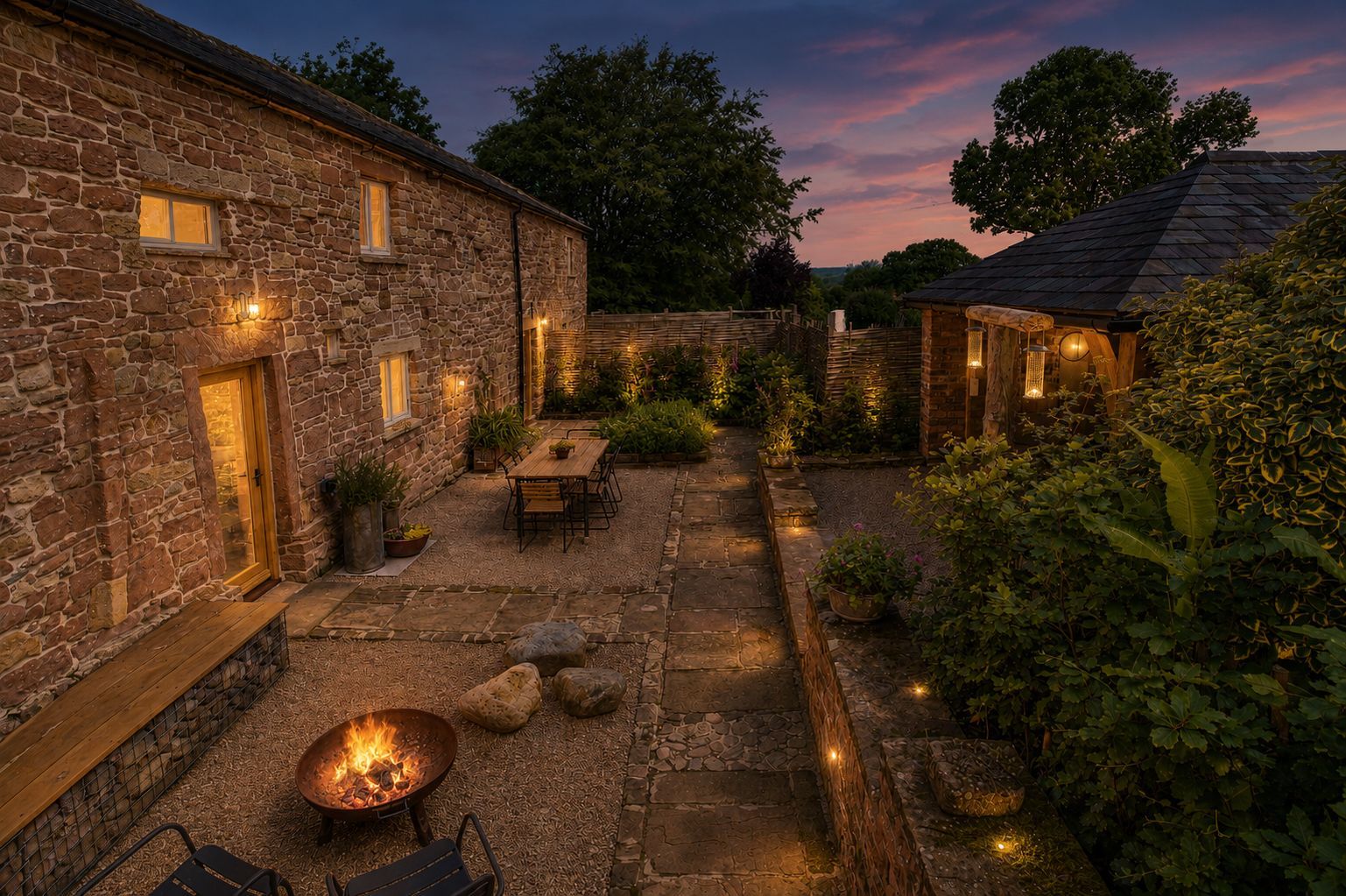 A stone building with a fire pit, outdoor seating, and a well-lit patio area.