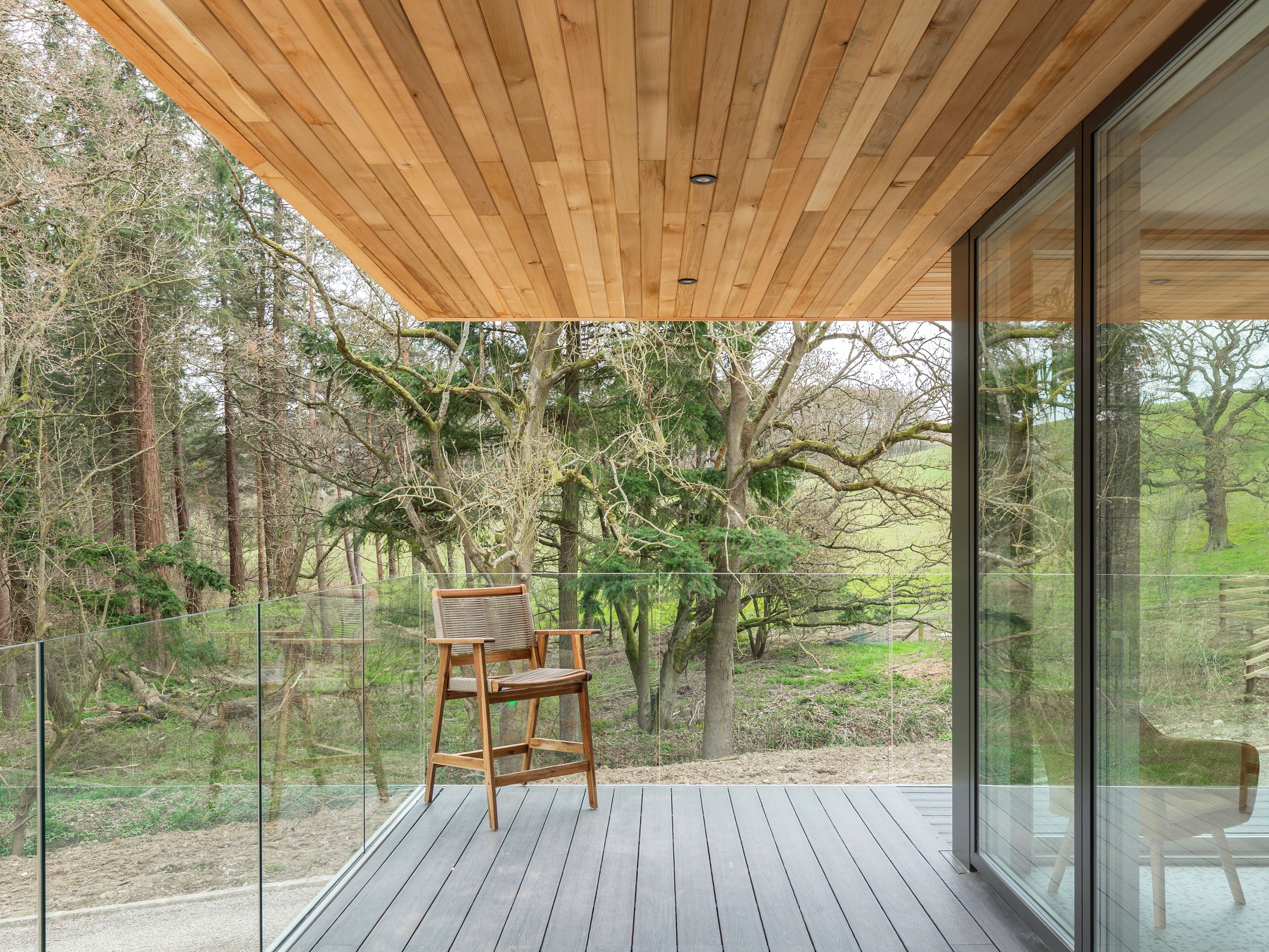 Een houten terras met een glazen balustrade met uitzicht op een bebost gebied.
