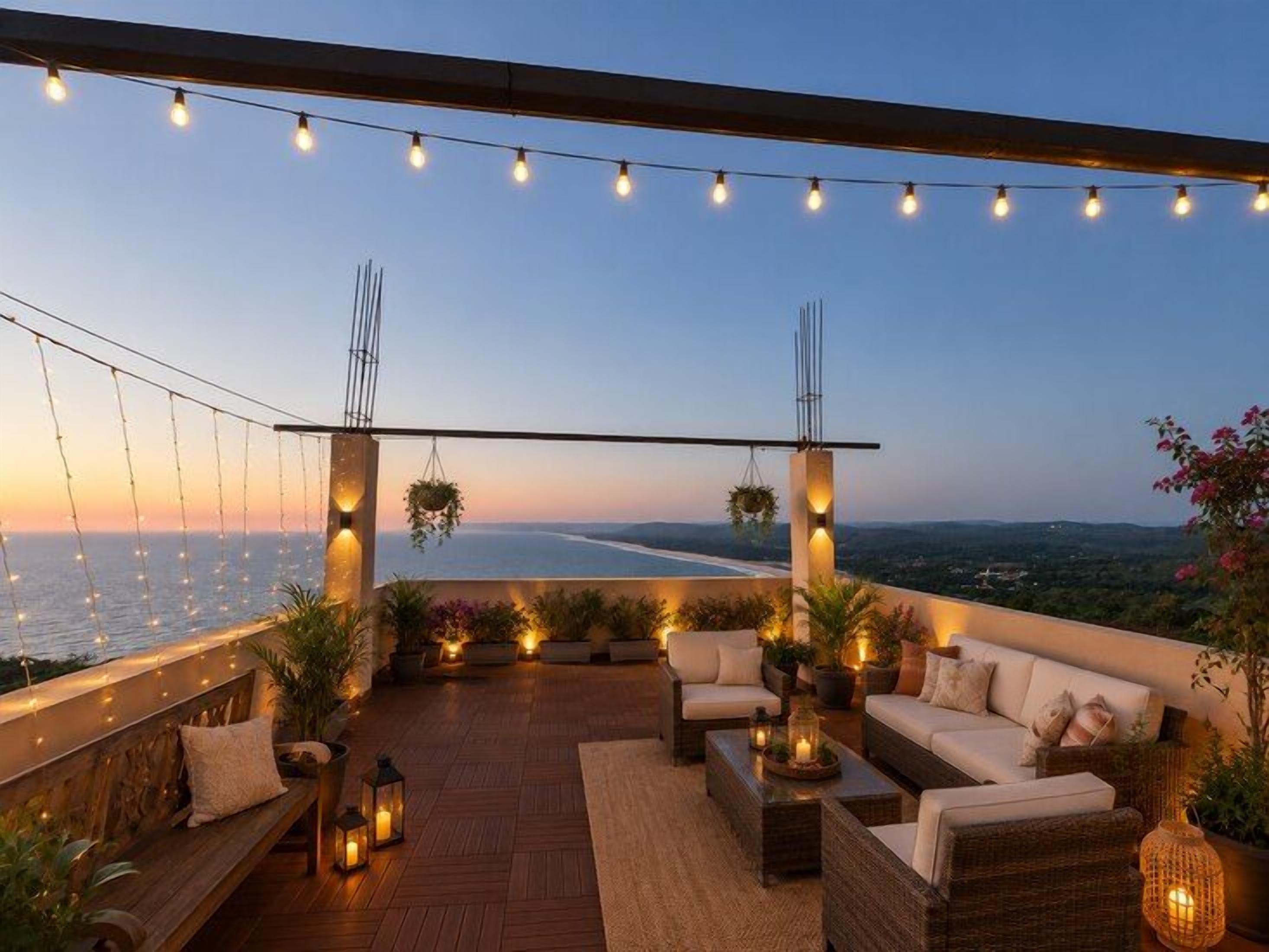 An outdoor seating area with string lights, cushions, and potted plants.