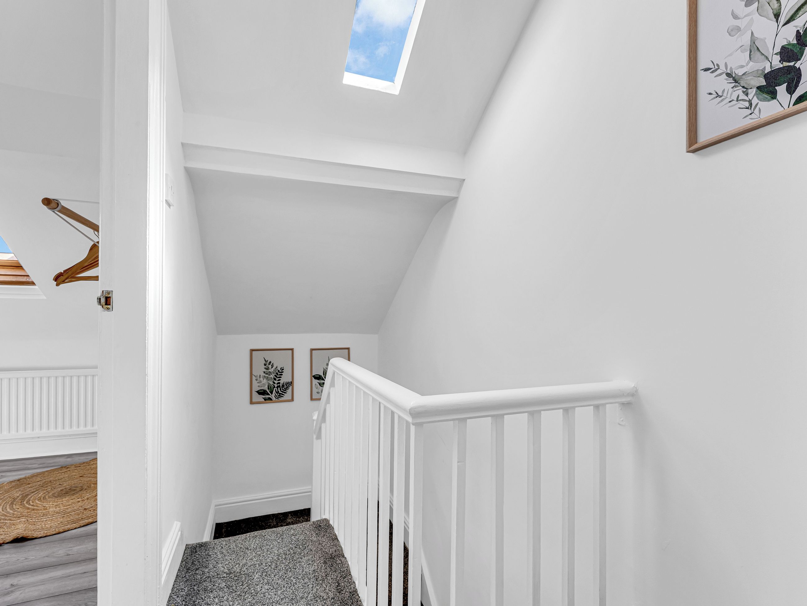 A staircase with a white railing, a skylight, and two framed botanical prints on the wall.