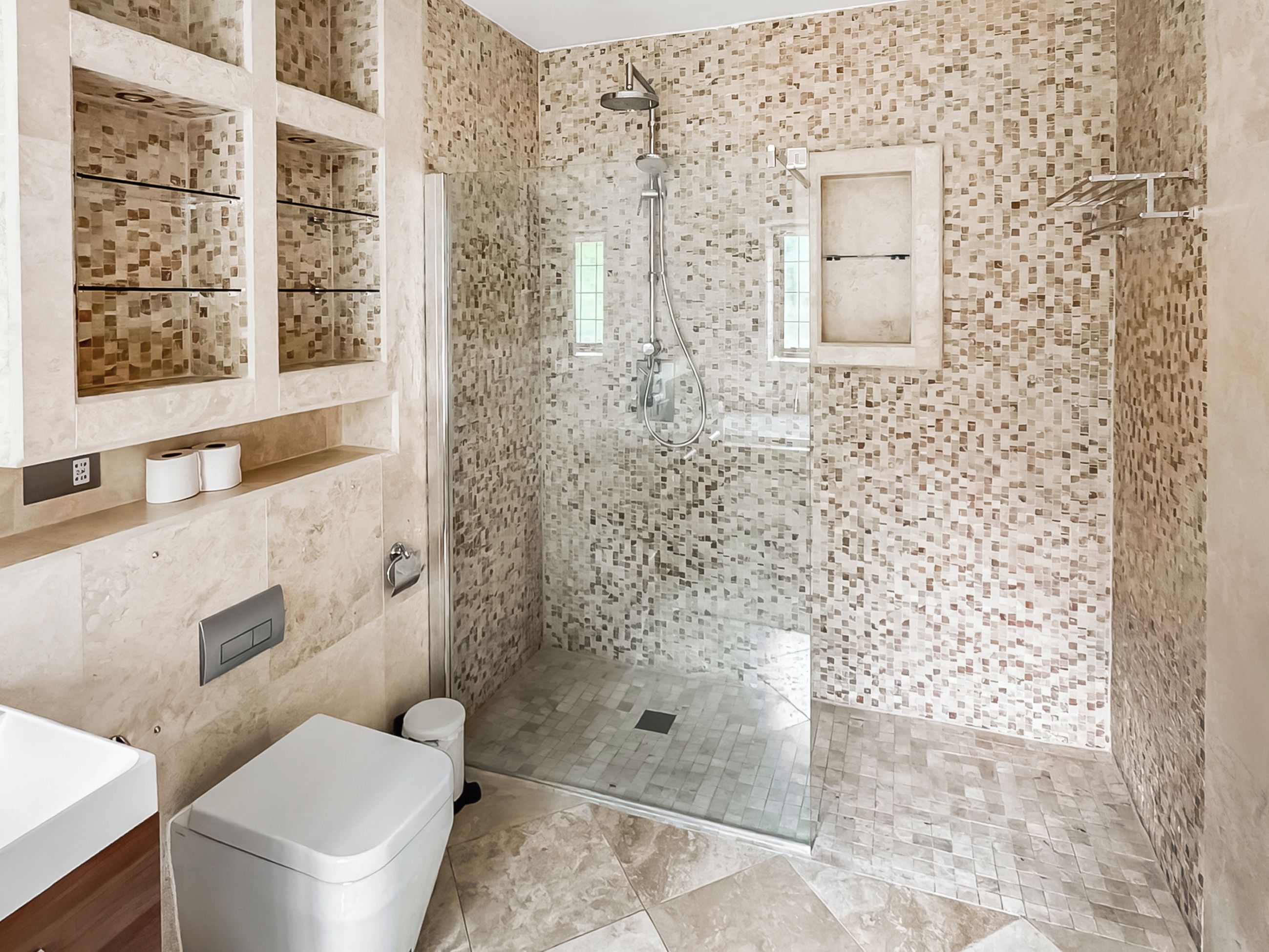 A bathroom with a shower, toilet, and shelves.