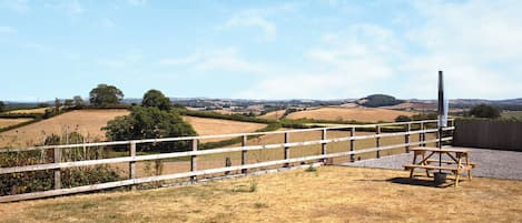 A fenced outdoor area with a picnic table and a barbecue grill.