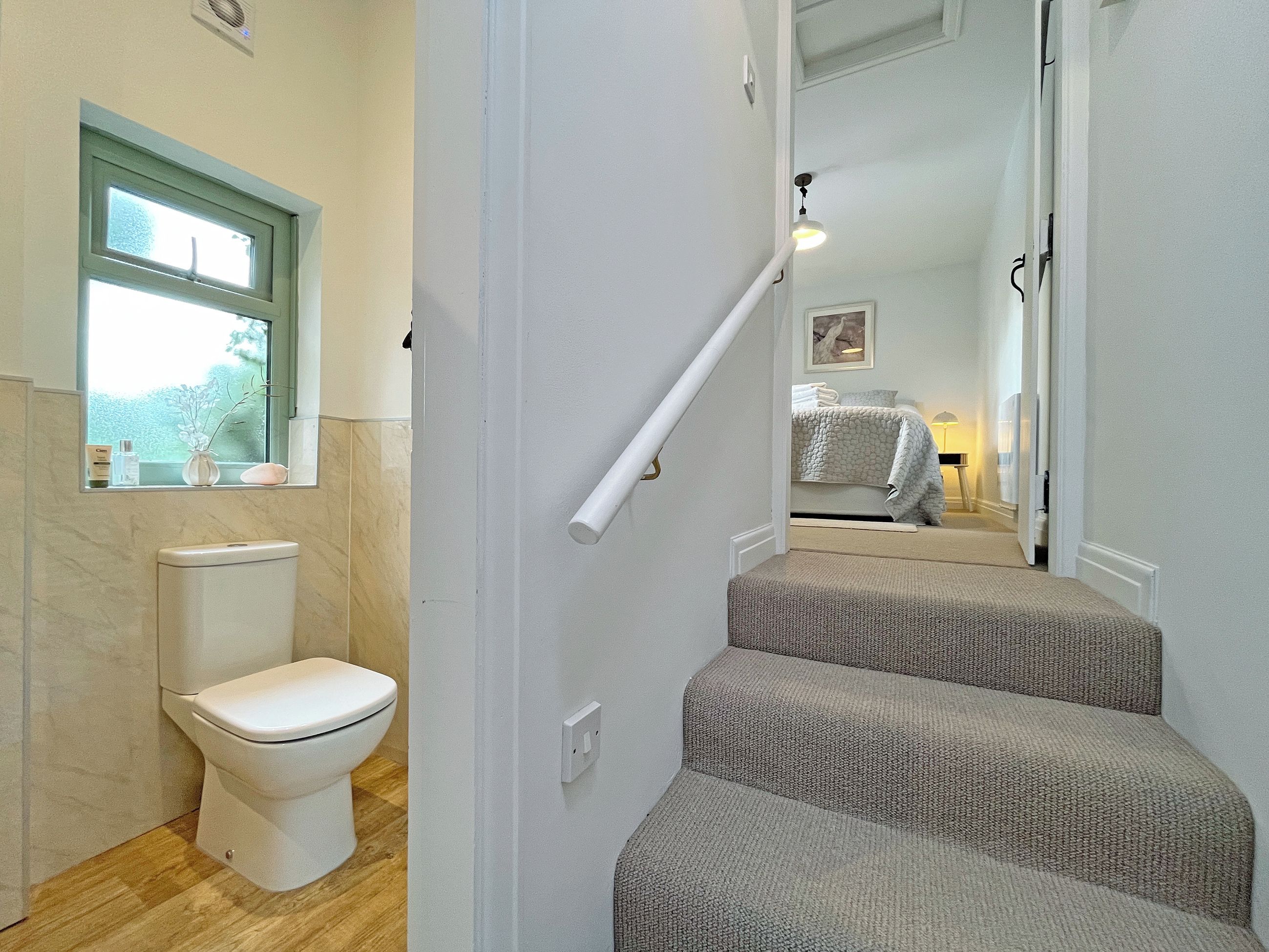 A bathroom with a toilet, a window, and a mirror.