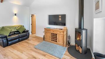Una sala de estar acogedora con chimenea, un sofá, un televisor y un aparador de madera.