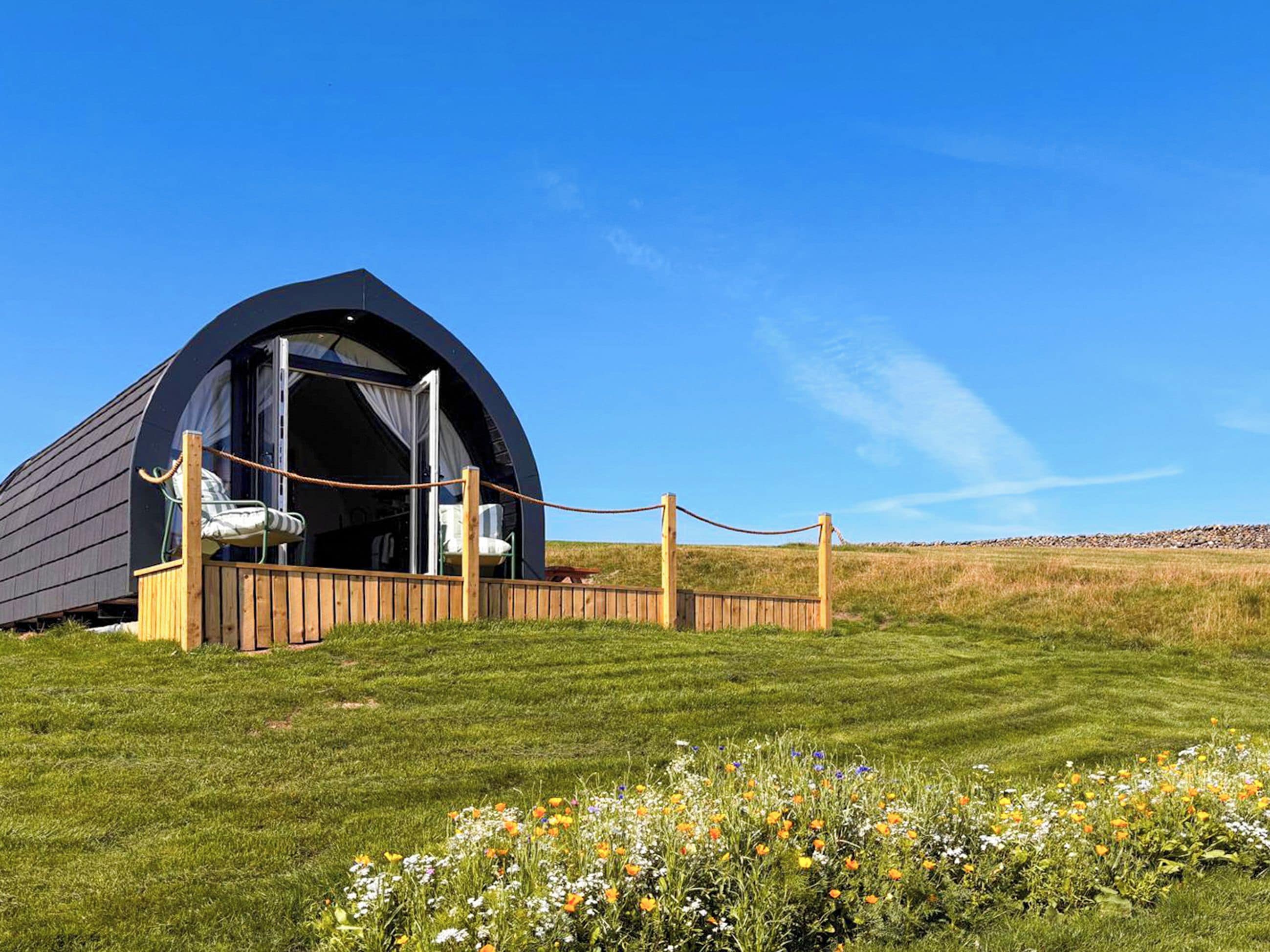 A dome-shaped structure with a wooden deck and a rope barrier, set in a grassy field with wildflowers.