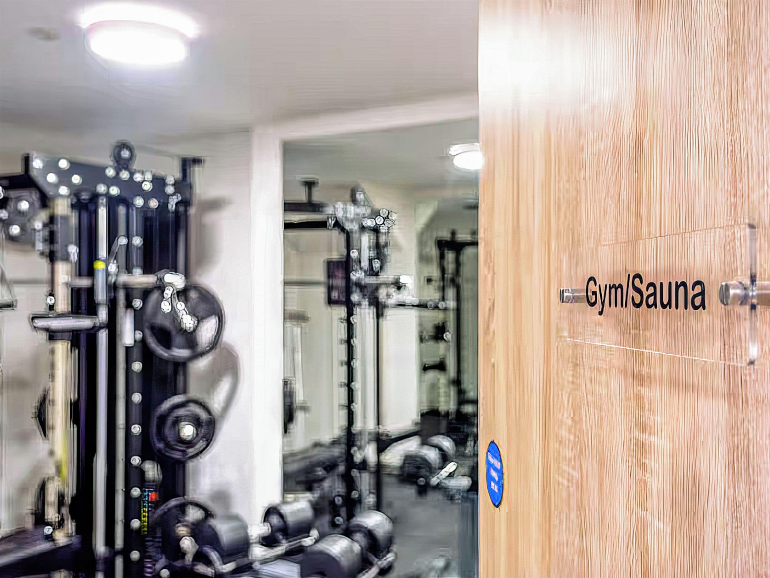 A gym with various exercise equipment and a sauna sign on the door.
