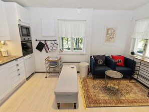 Un espacio habitable compacto con kitchenette, comedor, un conjunto de sofás y una alfombra estampada.