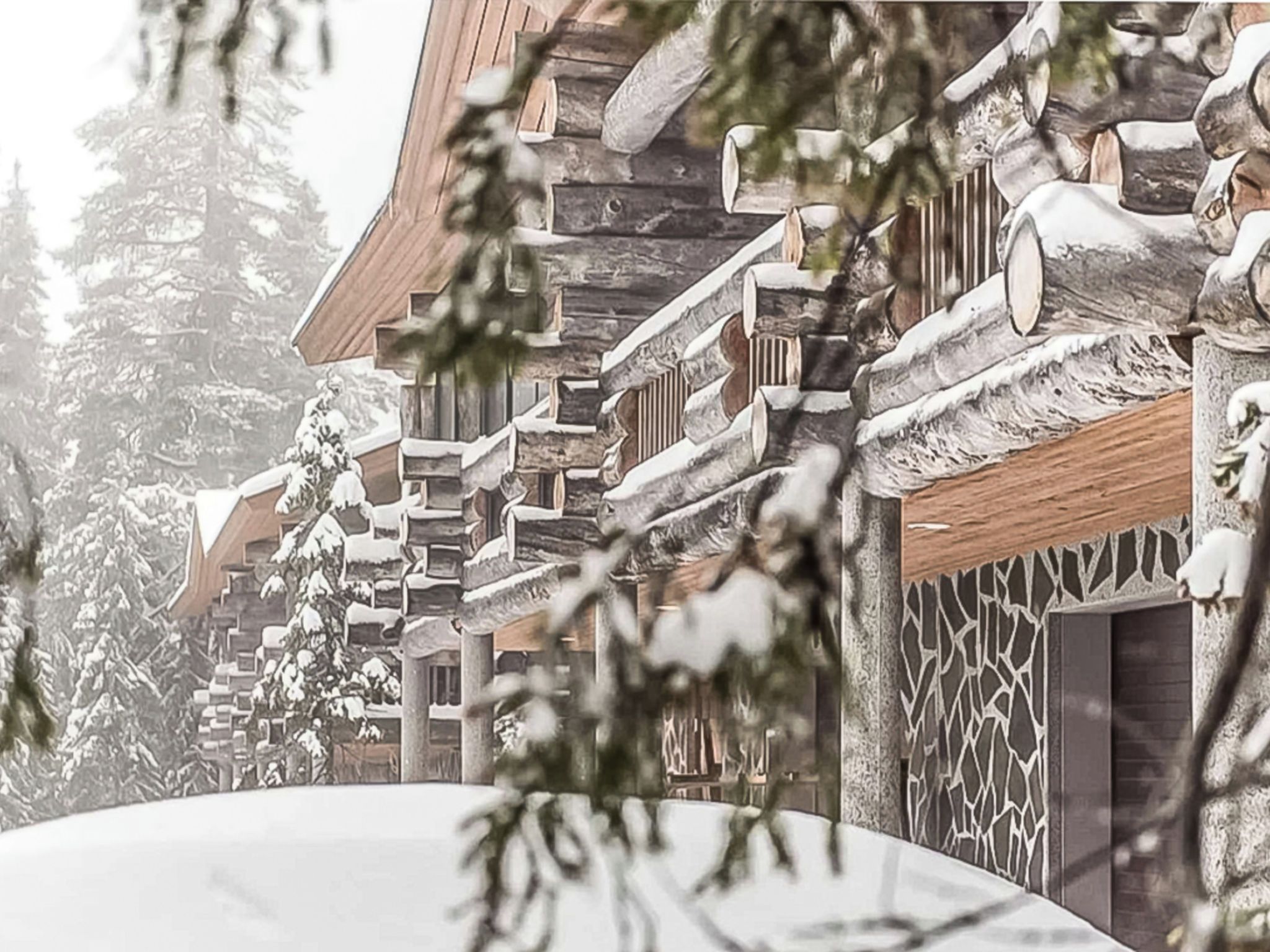 Un edificio cubierto de nieve con fachada de madera y entrada de piedra.