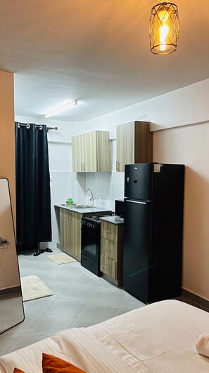 A compact kitchen with a stove, sink, and black refrigerator. - Boma Homes Studio BnB (Nairobi)
