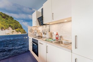 Eine moderne Küche mit Blick auf eine Küstenlandschaft.
