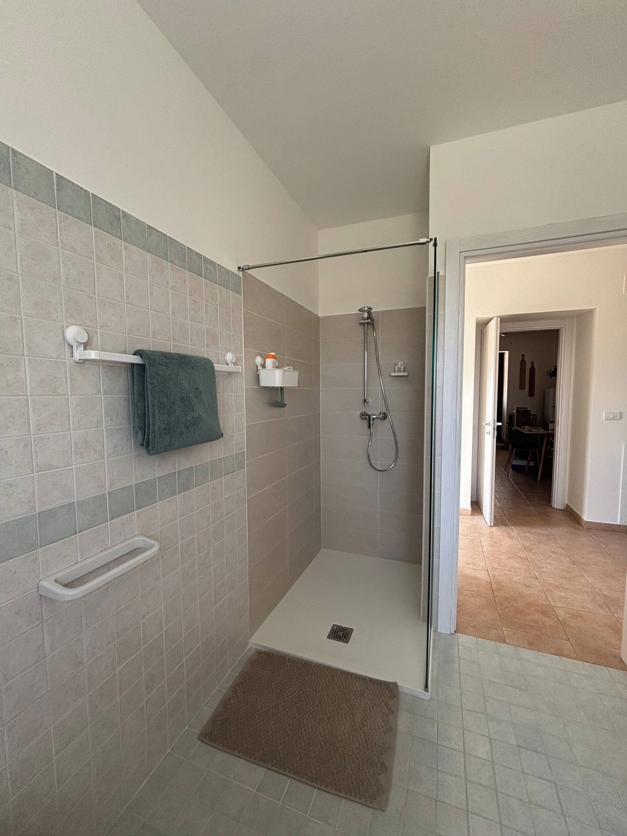 Un espace douche doté d’une porte en verre, d’un porte-serviettes et d’une petite étagère pour les articles de toilette.