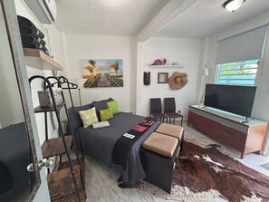 A bedroom with a bed, a TV, a desk, and a cowhide rug. - Tiny Cozy Studio 15 minutes Airport, Patio, small share pool one full bed (San Juan city)