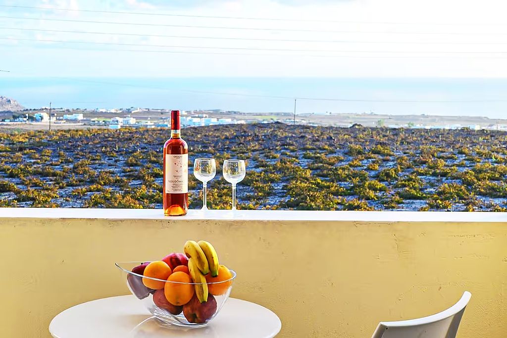 Un tavolo con una ciotola di frutta e una bottiglia di vino, affacciato su un vigneto.