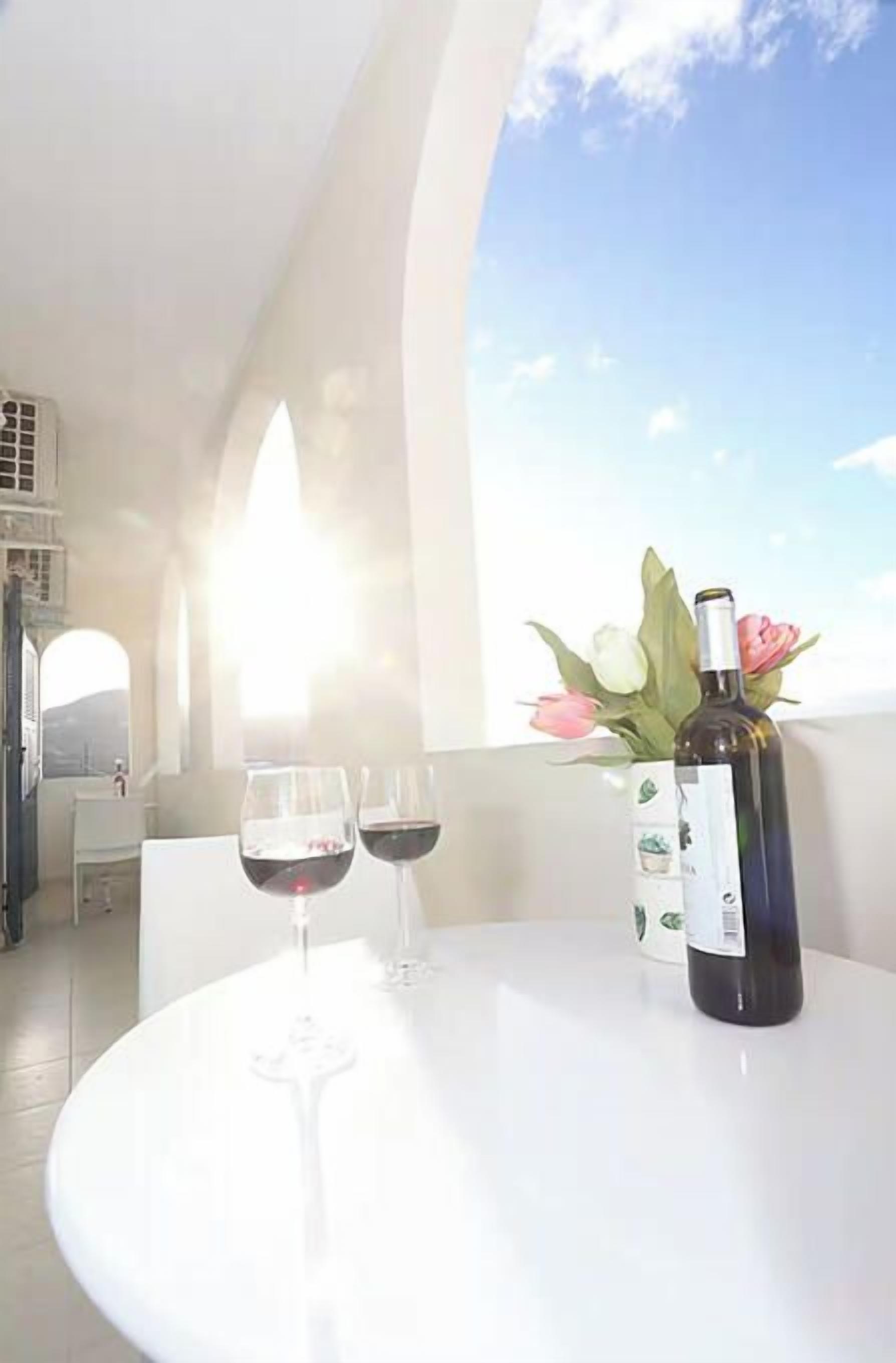 Ett bord med en flaska och två glas rött vin, en vas med blommor och en utsikt över himlen.