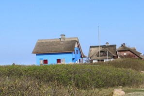 A rural landscape with traditional houses, one painted blue with a red door, and a thatched roof. - Holiday home with 3 bedrooms (Heiligenhafen)