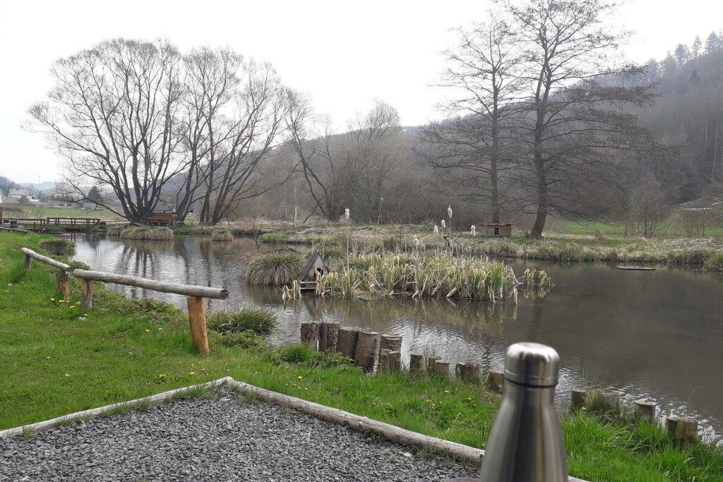 Eine friedliche Flusslandschaft mit einer Holzbrücke, einem kleinen Holzgebäude und einer Metalflasche im Gras.