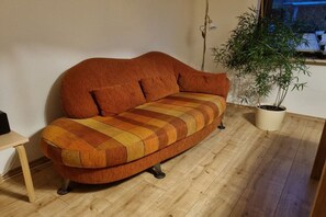 Ein Sofa mit Kissen in einem Karomuster in einem Raum mit Holzboden, einer Topfpflanze und einem Fenster.