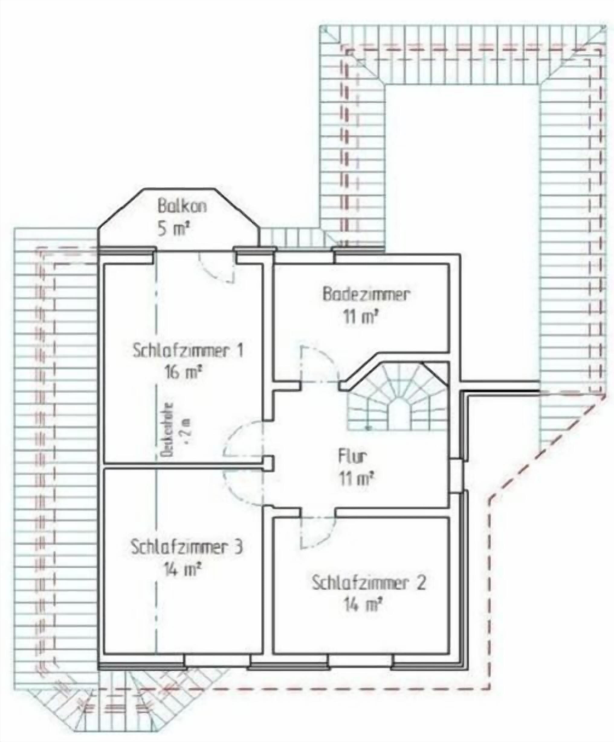Un plan d’étage comprenant trois chambres, une salle de bain, un balcon et un espace de vie.