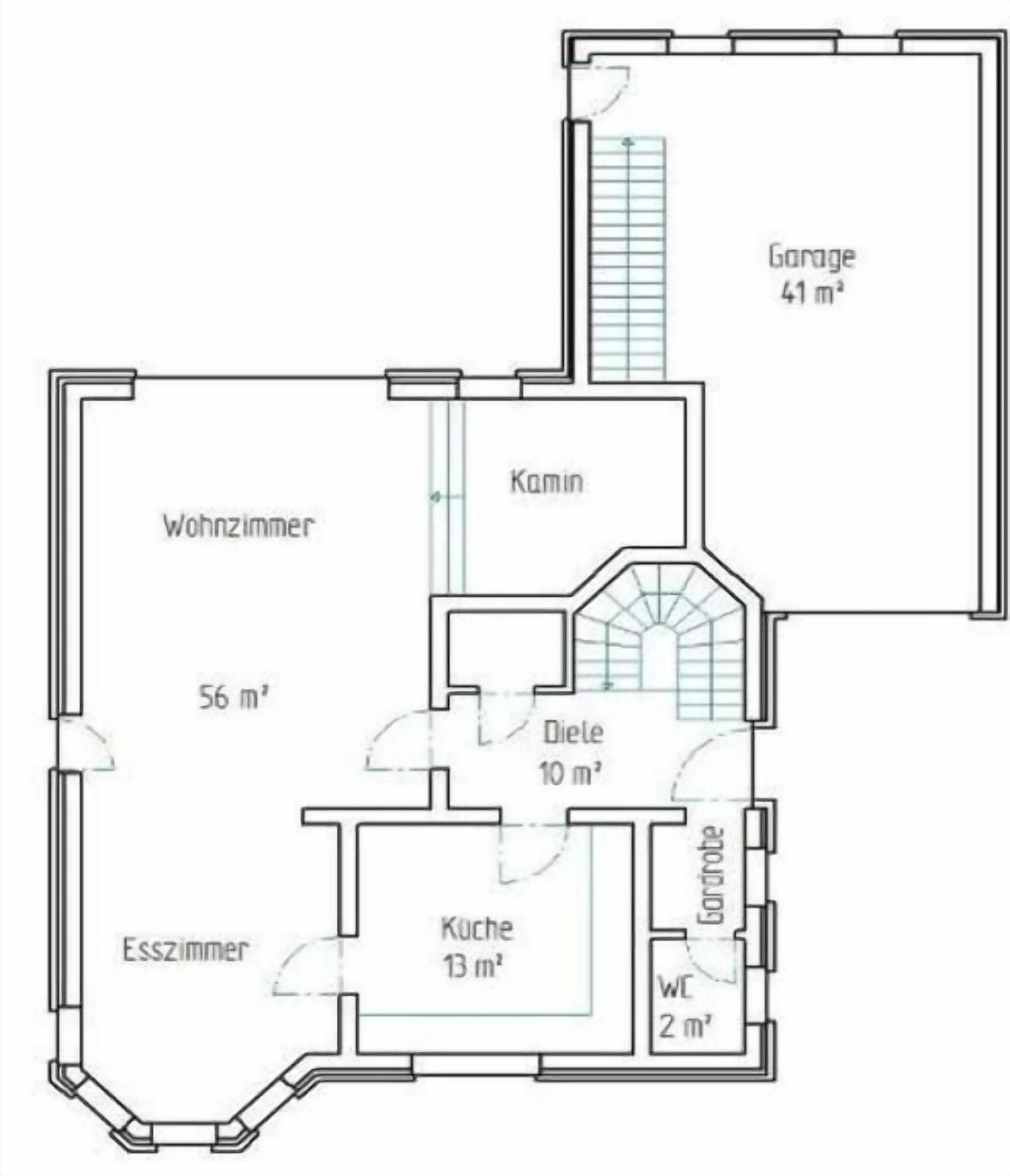 A floor plan with a living room, kitchen, dining area, and a garage.