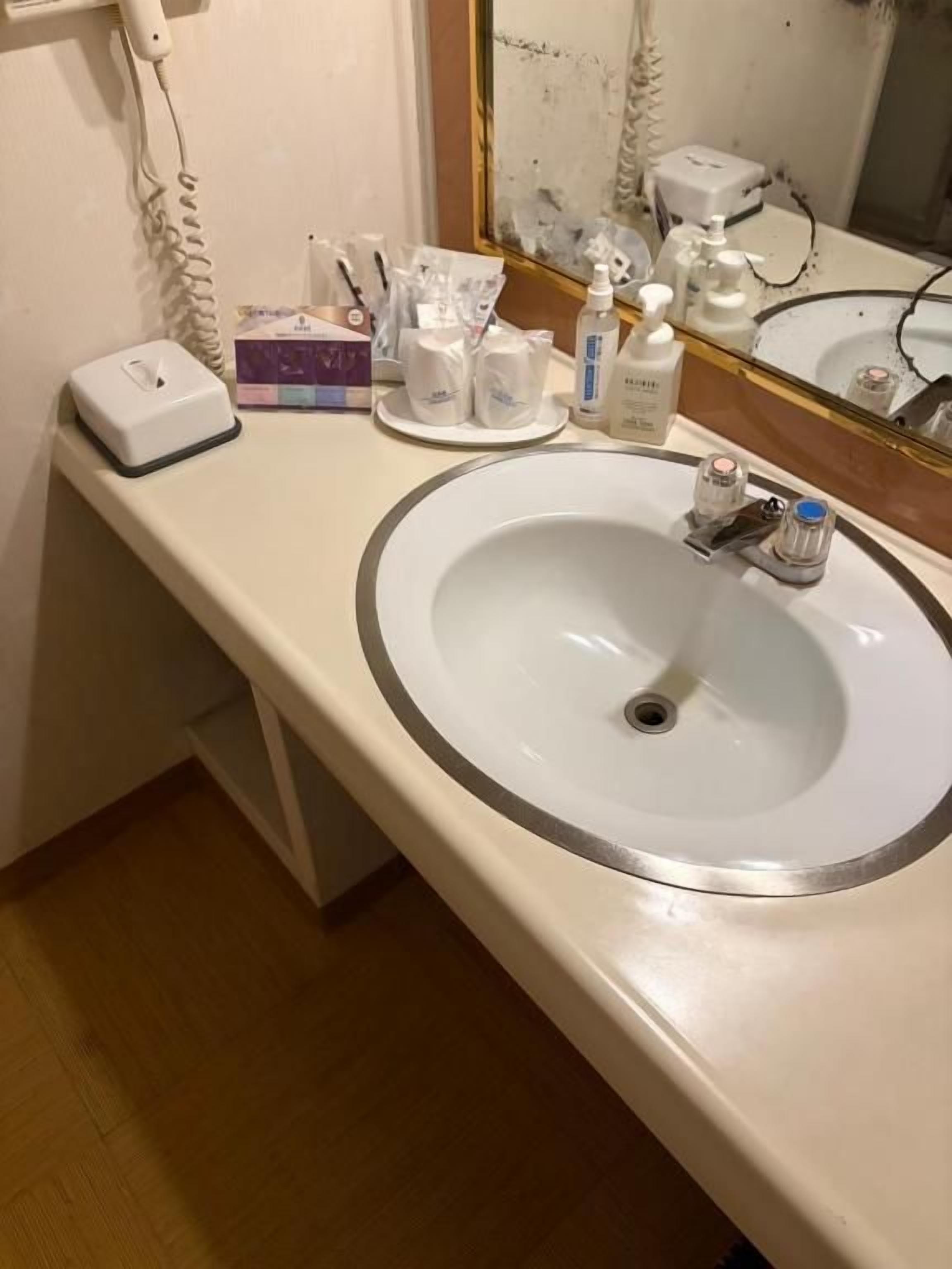 A bathroom with a white sink, a mirror, and various toiletries on the counter.