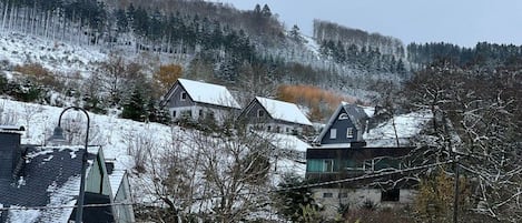 A residential area with houses on a hillside, surrounded by trees and covered in snow.