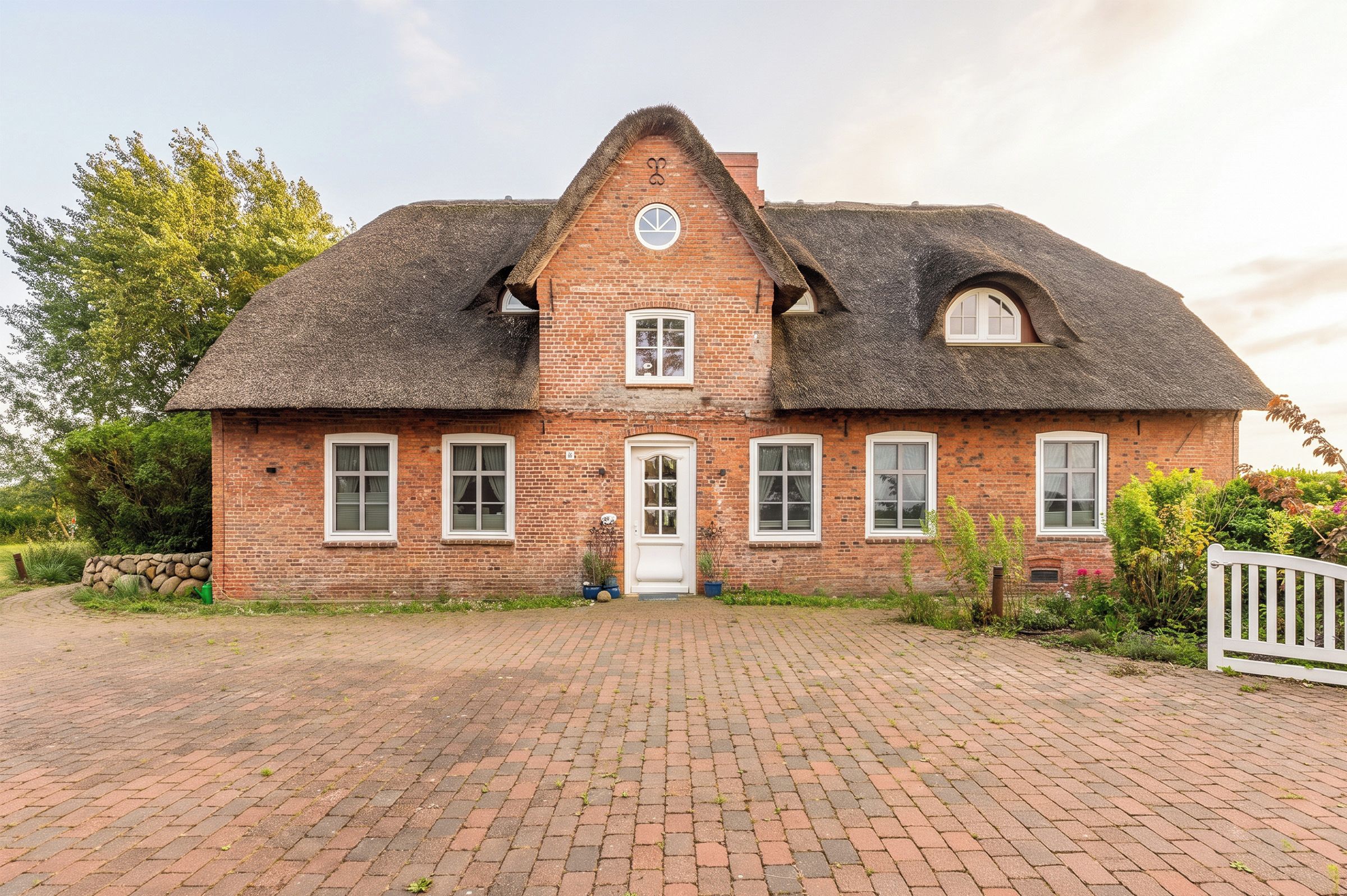 Ein Haus aus Ziegeln mit einem Strohdach, einem zentralen Eingang und einem gepflasterten Auffahrt.
