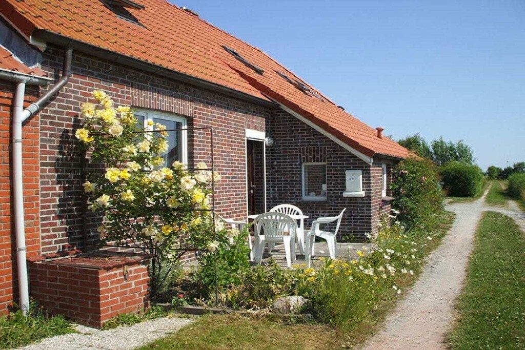 Ein Backsteinhaus mit rotem Dach, ein Garten mit gelben Blumen und ein Kiesweg, der zu einem weißen Stuhl und Tisch führt.