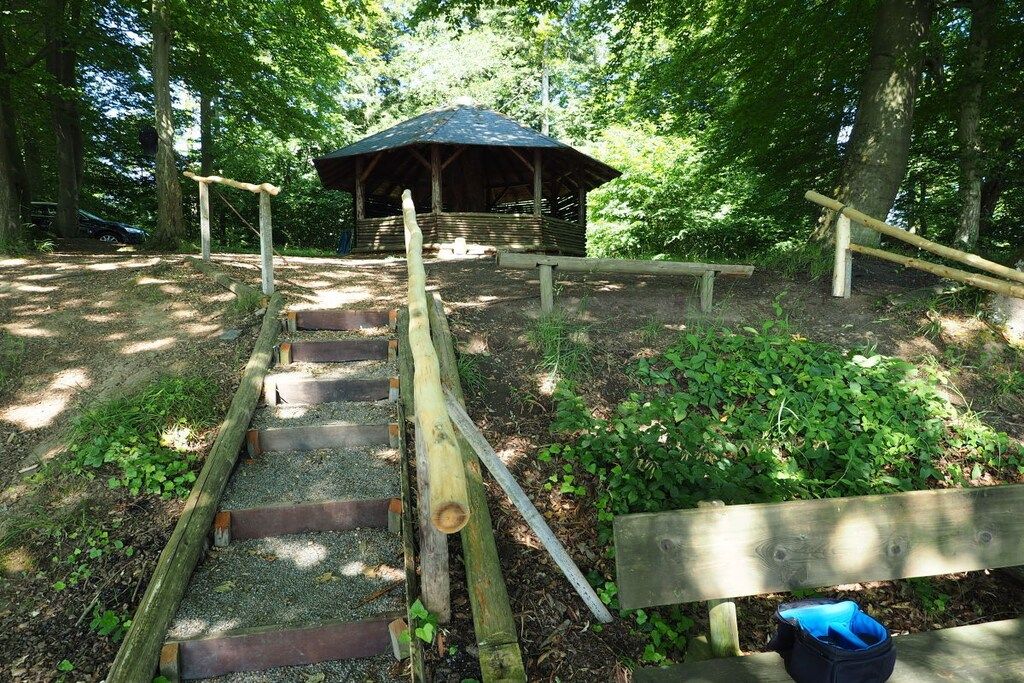 A wooden staircase leading to a covered pavilion in a wooded area.