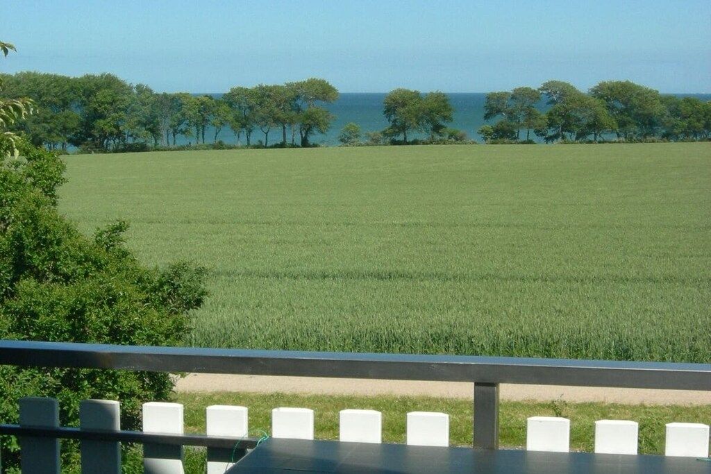 A view of a grassy field with a body of water in the distance, a railing in the foreground, and trees lining the horizon.