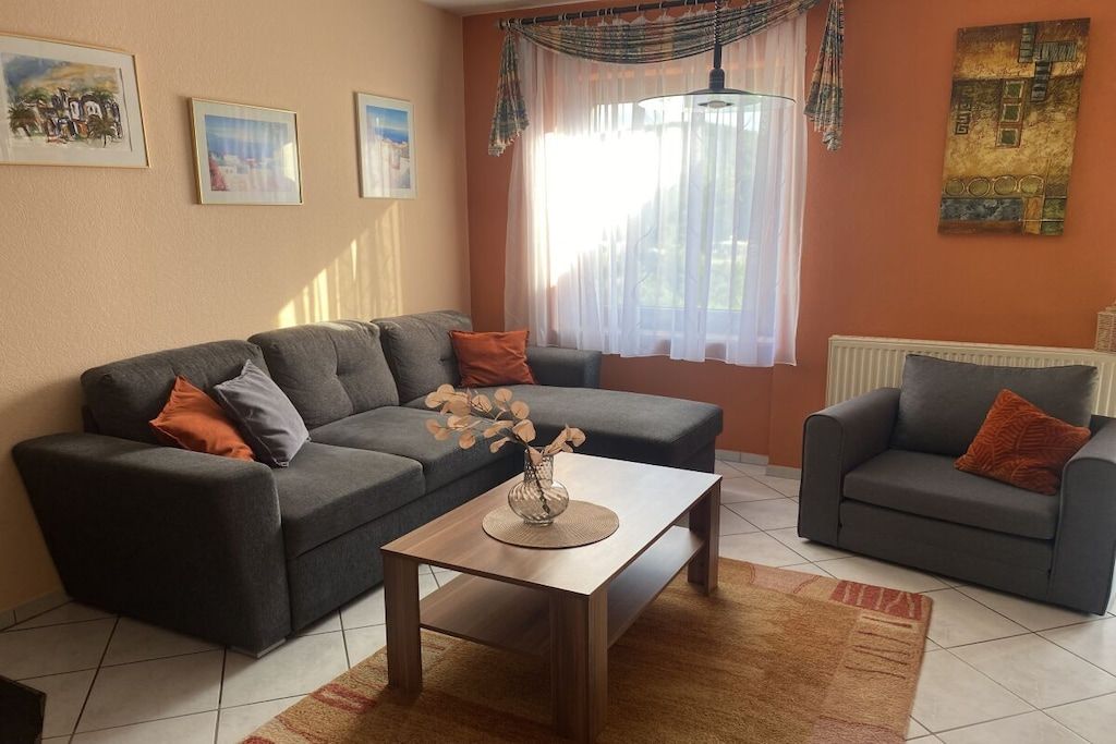 A living room with a grey sofa, a wooden coffee table, and a patterned rug.