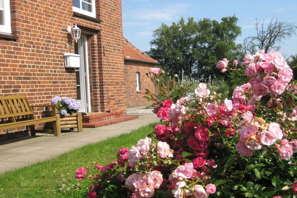 A brick building with a bench and a flower bed with pink roses.