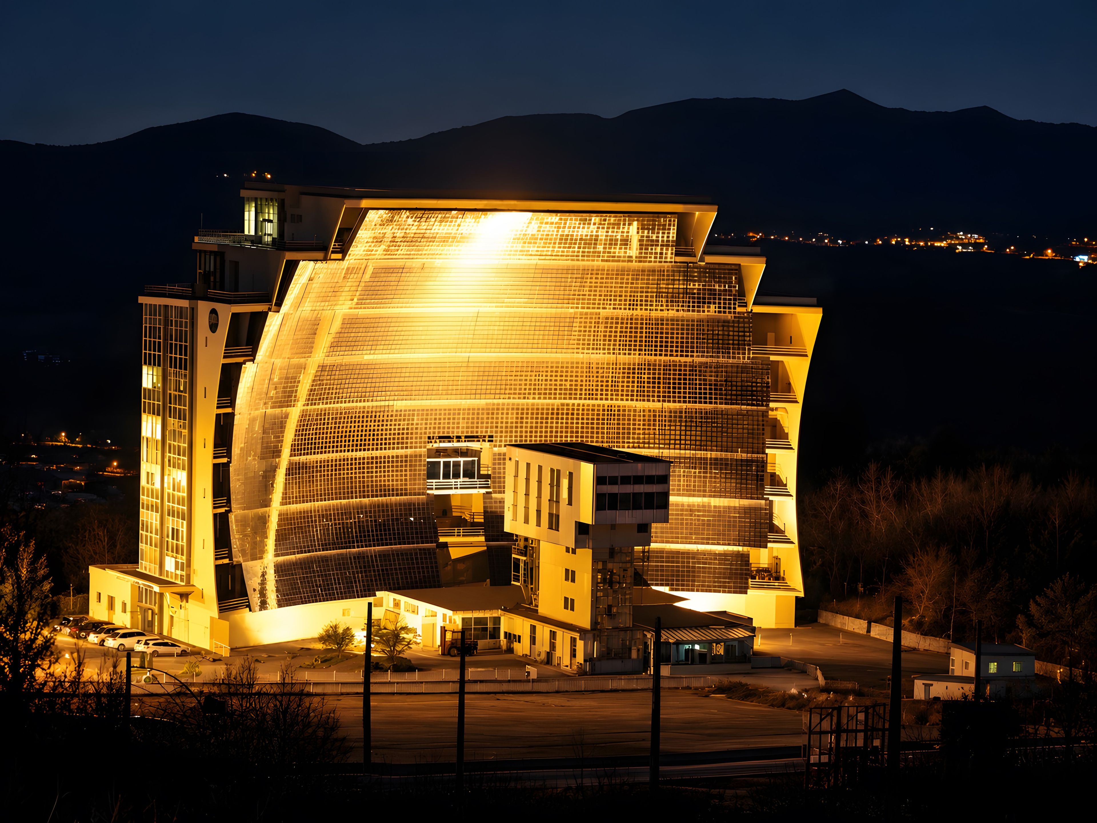 A modern building with a unique architectural design, featuring a prominent glass facade and multiple levels.