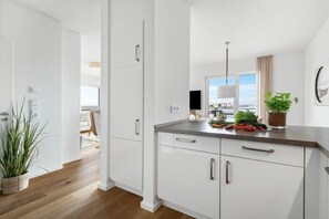A modern kitchen with white cabinetry, a countertop, and a view to the living area. - Apartment in Olpenitz with swimming pool (Olpenitz)