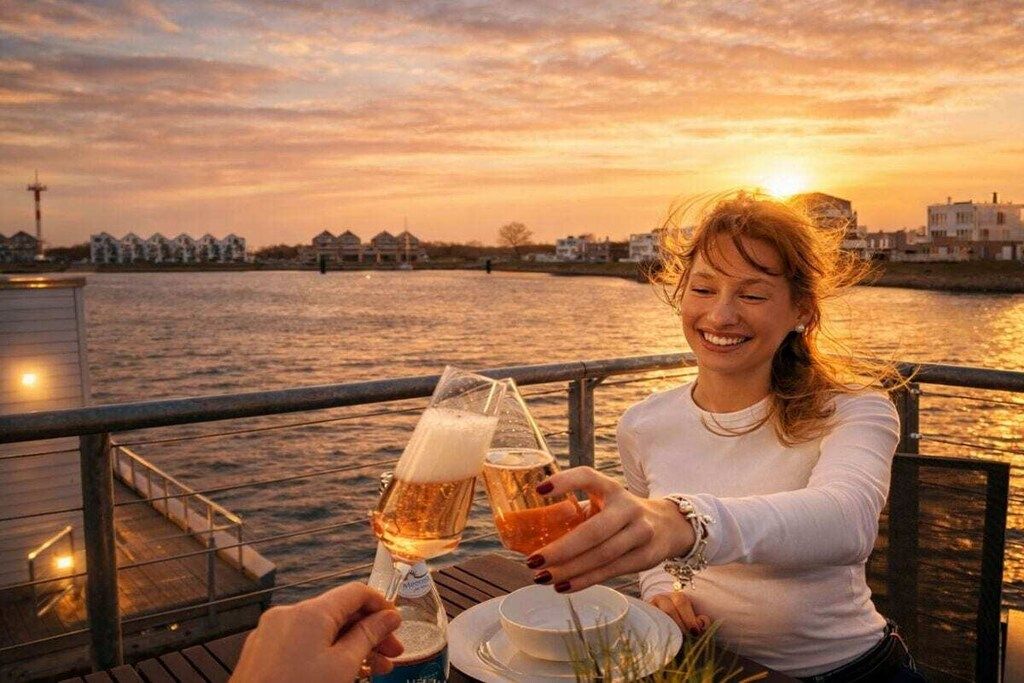 Une personne porte un toast avec un verre de bière sur une terrasse donnant sur une étendue d’eau, avec des bâtiments en arrière-plan.