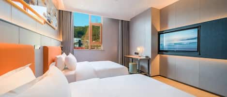 A hotel room with two beds, a large window, a flat-screen TV, and a painting on the wall.