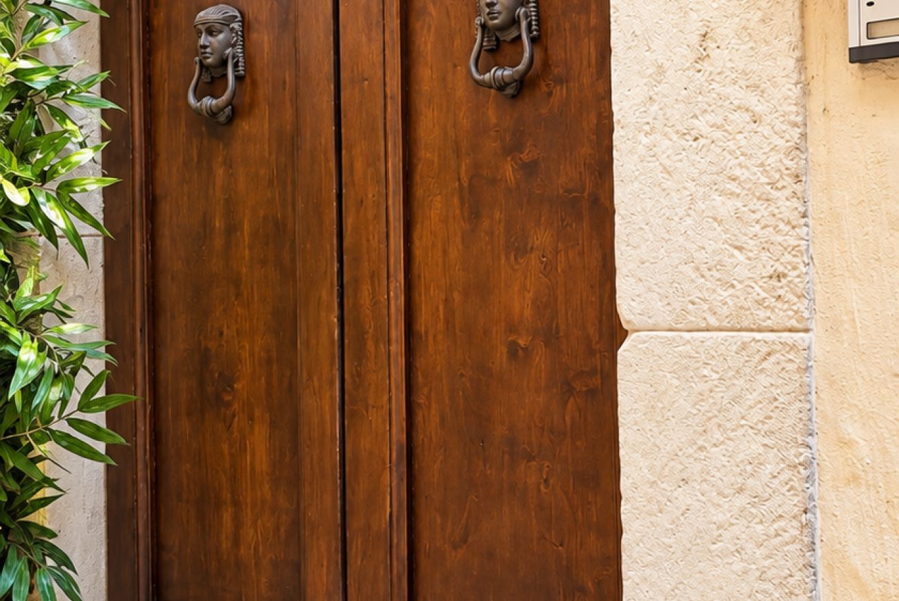 Une porte en bois avec deux poignées en métal, un mur à texture et une plante sur le côté gauche.