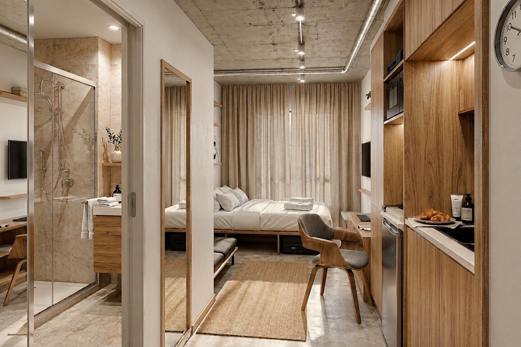 A modern bedroom with a bed, bedside table, and a shower area.