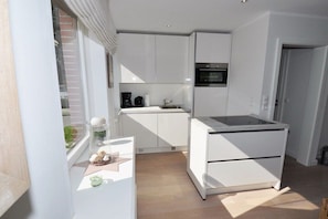 A compact kitchen with white cabinetry, a built-in oven, and a small countertop. - Holiday apartment with 1 bedroom (St. Peter-Ording)