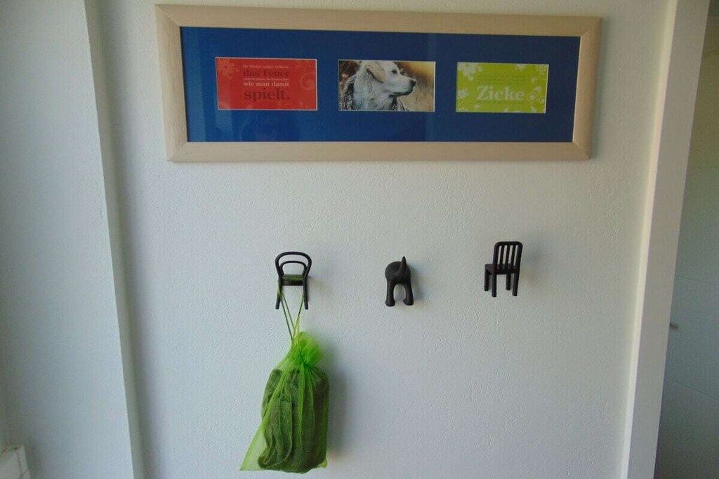 A wall with a framed picture, a green bag, and two black hooks.