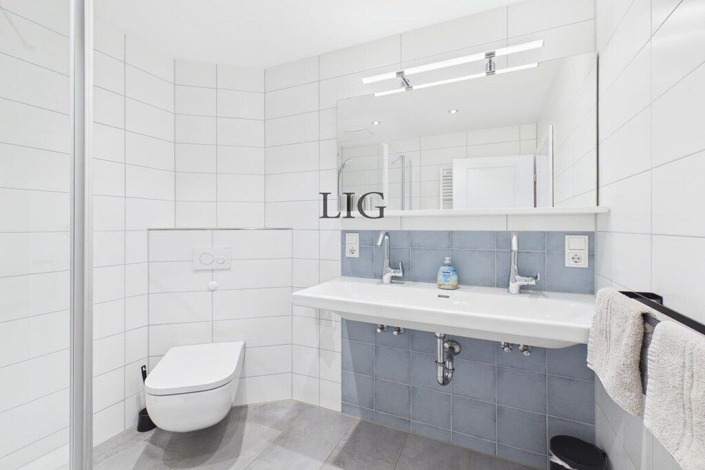 A modern bathroom with a white toilet, a sink with a mirror above, and a shower area.
