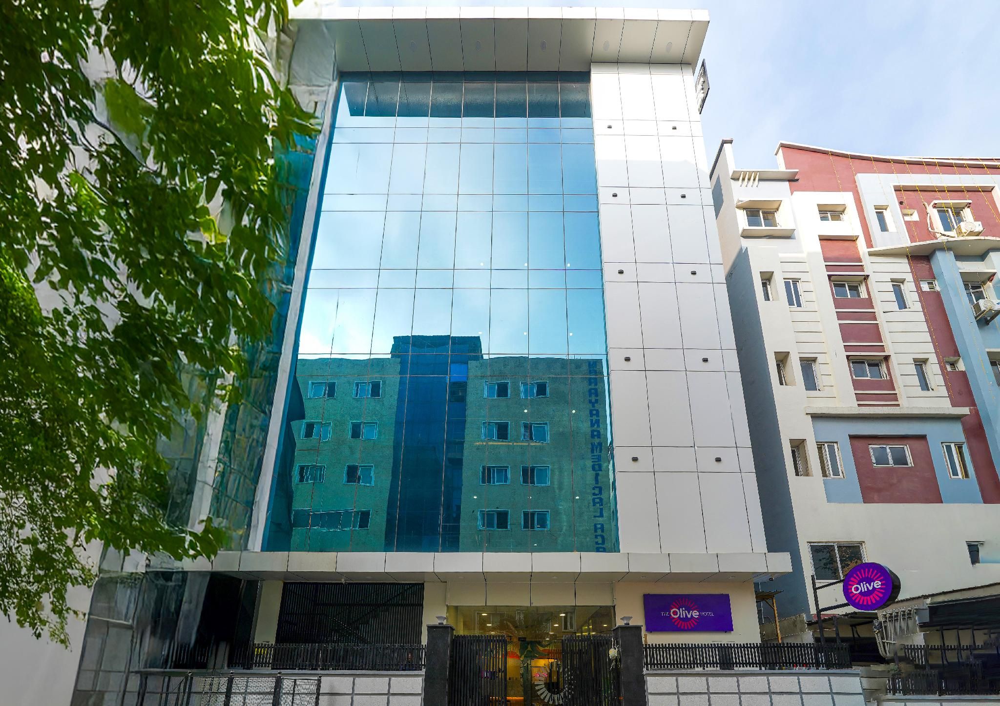 A modern hotel building with a glass facade, a visible entrance, and a sign for 'The Olive Hotel' on the ground floor.