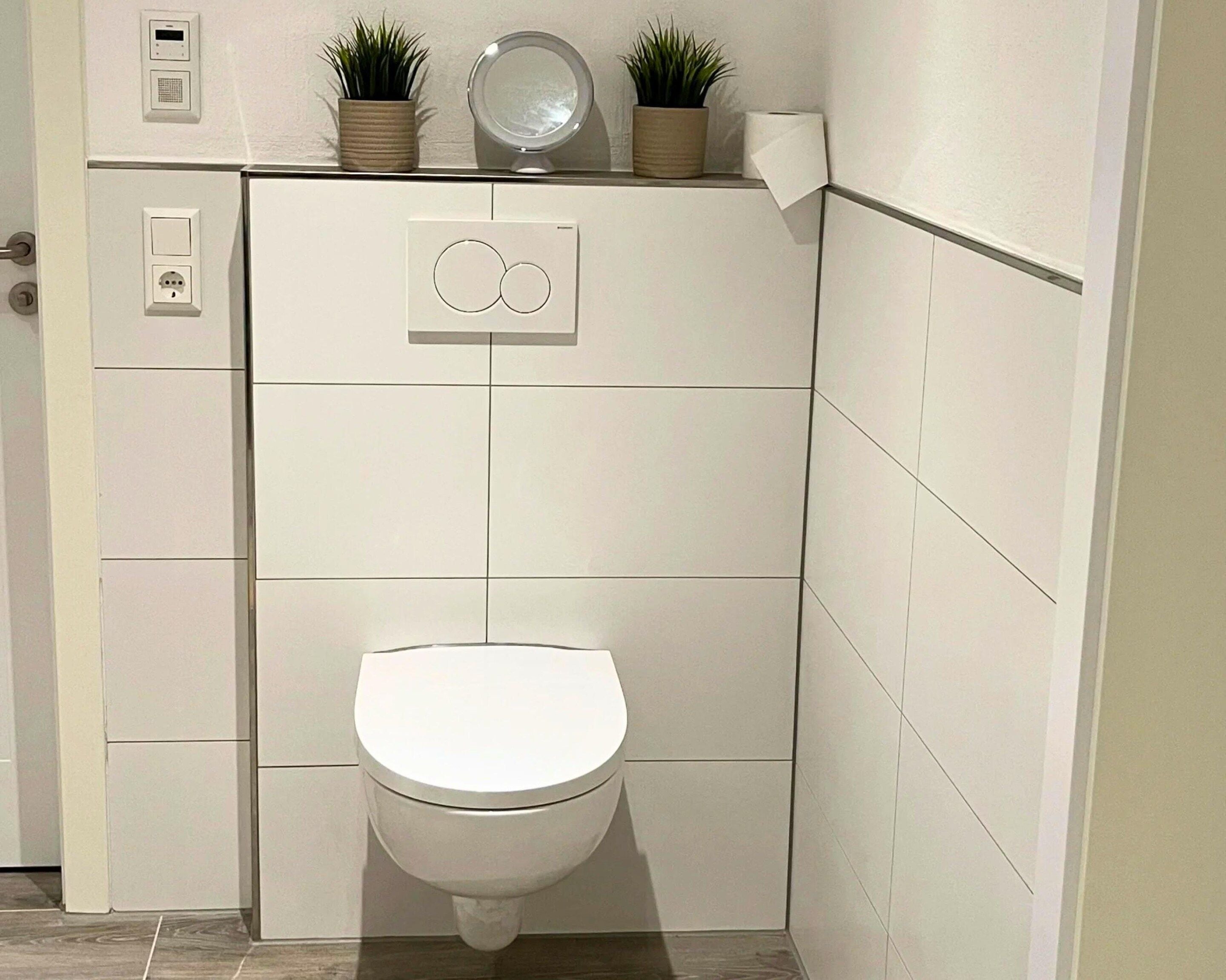 A compact bathroom with a toilet, a small mirror, and two potted plants on the wall.