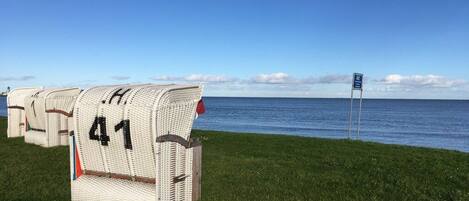 A row of numbered wicker chairs on a grassy area with a view of the sea.
