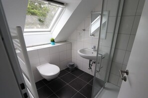 Een compacte, moderne badkamer met dakraam, toilet, wastafel en douche.